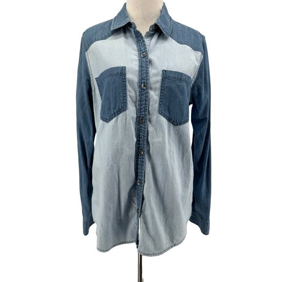 Express Women's Denim Two Tone Long Sleeve Button-Up Shirt Size Medium - Picture 1 of 5